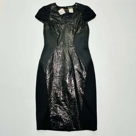 ETRO Dress 42 US 6 Metallic Shiny Black Cap Sleeve Knee Length NWT $1395
